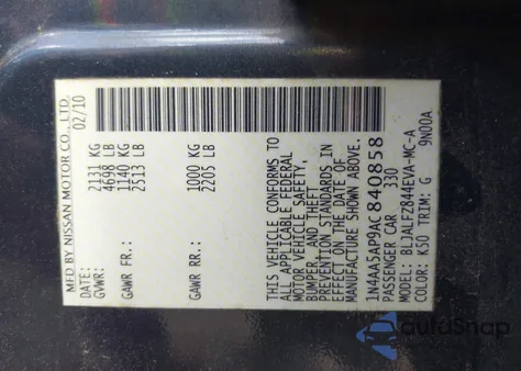 2010 Nissan Maxima 3.5 Sv from USA, damaged, VIN 1N4AA5AP9AC840858